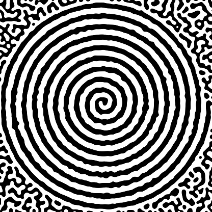 Black and white spiral with abstract Turing ornament halftone reaction diffusion psychedelic background. Vector generative algorithm illustration.