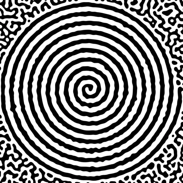 Vector illustration of Black and white spiral with abstract Turing ornament halftone reaction diffusion psychedelic background.