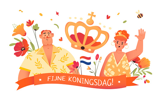 Ginger people celebrating the holiday on april 27 encircled with tulips and giant golden crown.