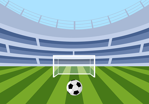 Soccer ball on green field in front of goal post. Football ball against sport stadium.