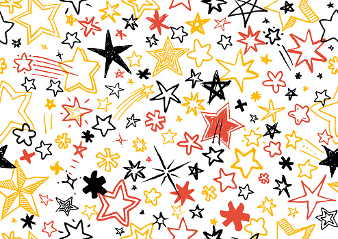Seamless blue and gold sketchy stars wallpaper done in a fun child-like style vector illustration on lined paper background for use on school info graphics etc