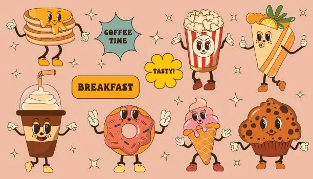 Vector illustration of Set of groovy fast food character. Retro vintage vector illustrations. Pancakes, popcorn, cake, coffee, donut, ice cream, muffin. Illustration for restaurant, cafe and delivery.