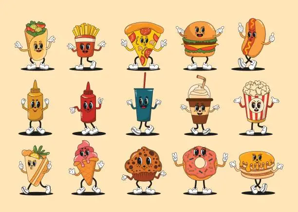 Vector illustration of Big collection of hippie groovy fast food characters. Retro illustration set with foodnmascots. Vector illustration of burger, french fries, pizza, hot dog, donut, cake. Trendy old cartoon 60s 70s 80s style.
