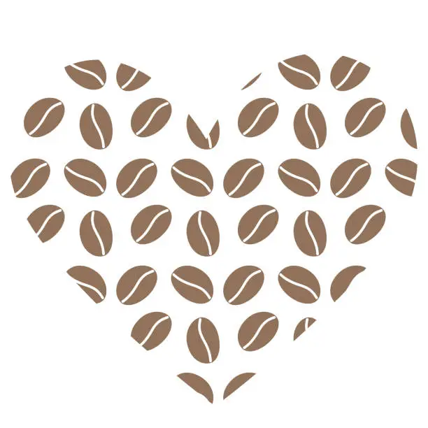 Vector illustration of Heart shaped coffee beans in trendy soft brown color in minimalistic style. Greetings design concept