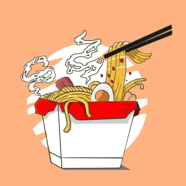 Vector illustration of illustration of noodles in white box, transparent background