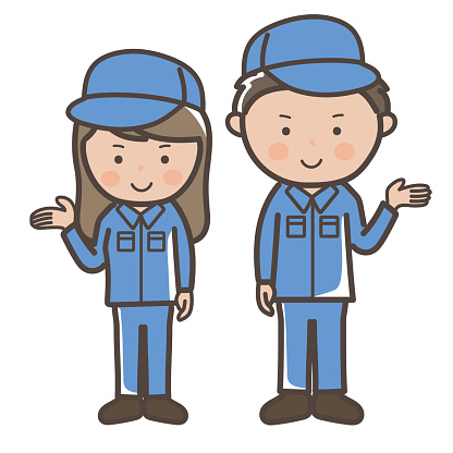 Illustration of male and female workers (cleaning staff) in work clothes giving explanations and guidance