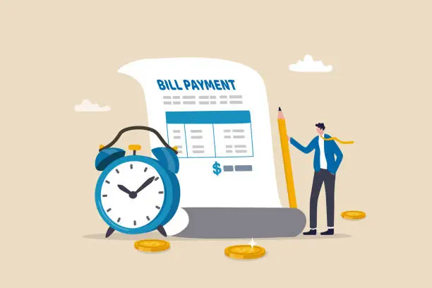 Vector illustration of Bill payment, expense or financial service to pay for transaction, credit card payment or shopping cost concept, businessman with pencil and bill payment document and alarm clock.