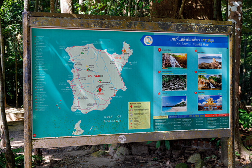 Koh Samui, Thailand- December 11, 2023: Sign displaying Koh Samui's tourist attractions on a map