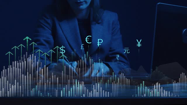 Cg. Against the background of a woman working on a tablet, graphs and charts with digital indicators are moving. Symbols of world currencies with arrows moving upward