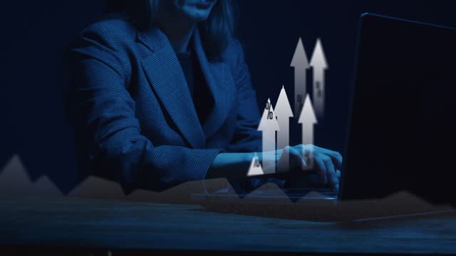 Cg footage. A lady working on a laptop touches a point on a transparent screen on which graphs and diagrams of an informational nature move