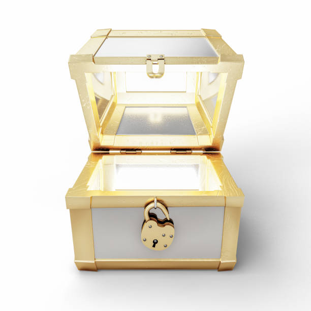 Three quarter view of a open treasure chest with a golden glow emanating from inside.Could symbolize a prize of great value.This is a detailed 3d rendering.