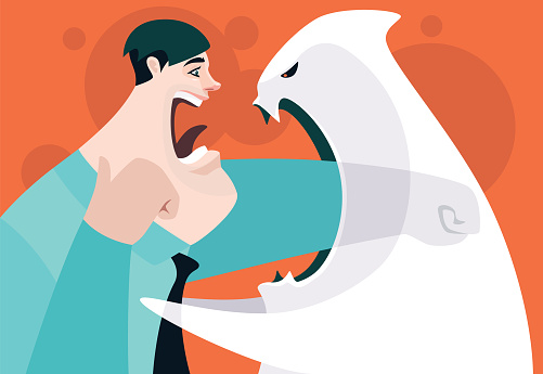 vector illustration of angry businessman being shocked and punching ghost