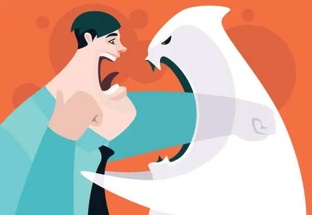 Vector illustration of angry businessman being shocked and punching ghost