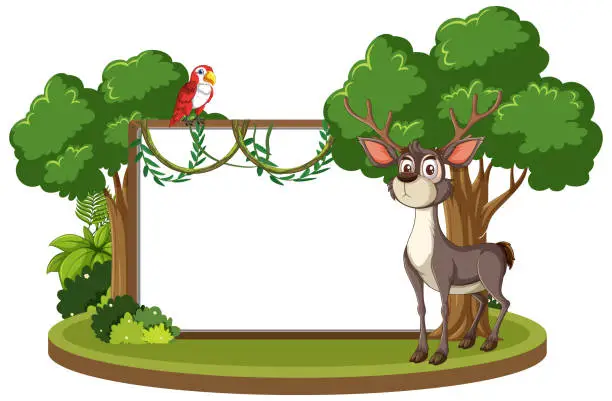 Vector illustration of Deer and parrot in a lush green forest scene