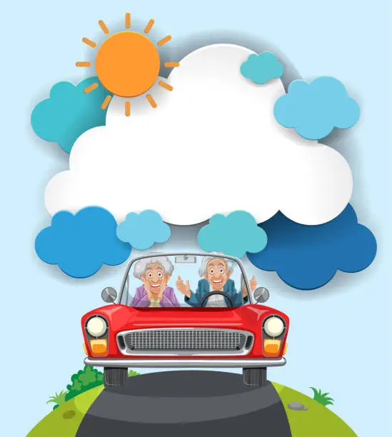 Vector illustration of Elderly couple enjoying a car ride under the sun