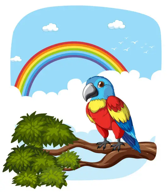 Vector illustration of Vibrant parrot perched on tree branch, rainbow backdrop.