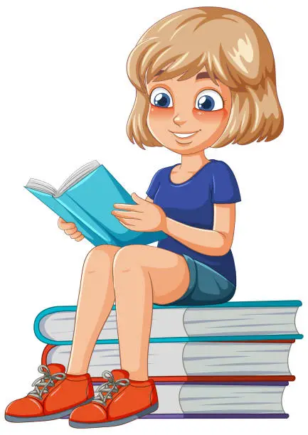 Vector illustration of Cartoon of a girl reading on a stack of books