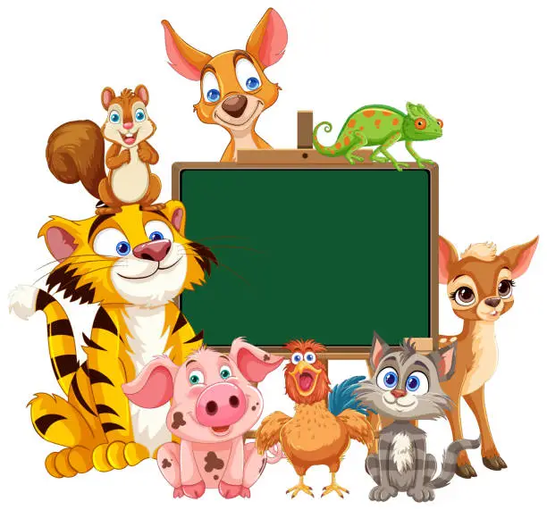 Vector illustration of Cartoon animals grouped around a blank chalkboard.