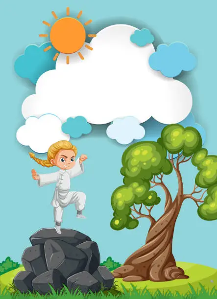 Vector illustration of Animated child in karate uniform training outside