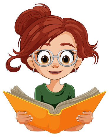 Cartoon of a girl reading a book intently