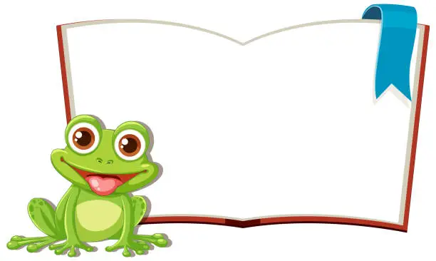 Vector illustration of Cartoon frog sitting beside a blank open book