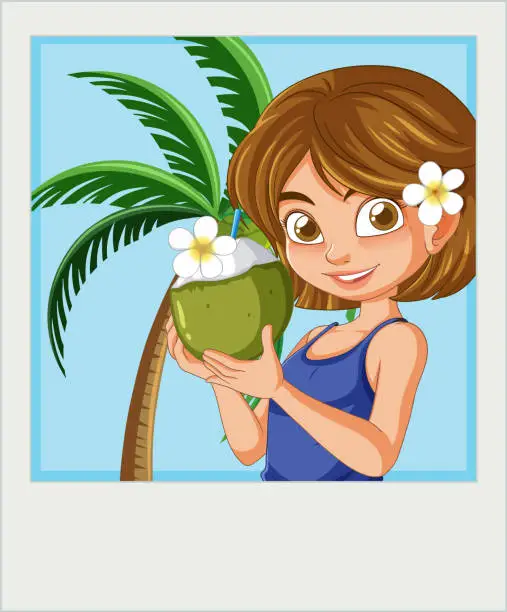 Vector illustration of Cartoon girl enjoying a coconut drink under palm trees