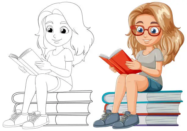 Vector illustration of Colorful and outlined illustrations of girl studying