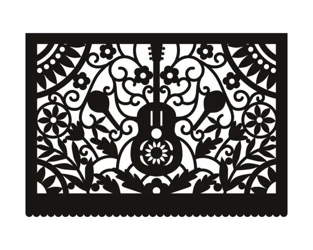 Vector illustration of Papel Picado Laser cut template. Paper Mexican decorations
