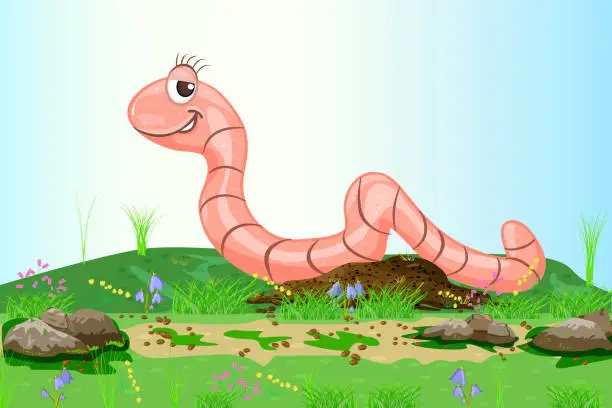 Vector illustration of Earthworm in meadow. Cute cartoon caterpillar character in summer field with flowers.