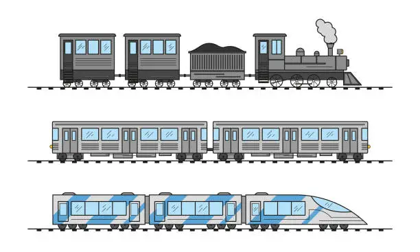 Vector illustration of Modern and vintage train collection.