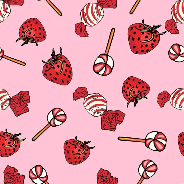 Vector illustration of Raspberries and confetti seamless illustration. Candies and red berries for a birthday holiday, seamless pattern.