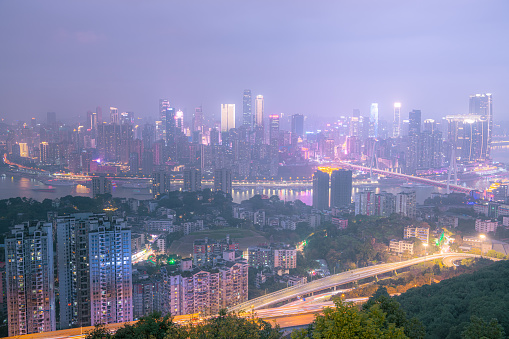 JANUARY 21, 2022, CHONGQING, CHINA: Night city architecture landscape and colorful lights in Chongqing, copy space for text