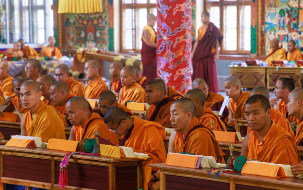 traditional buddhist praying at namdroling monastery golden temple. padmasambhava buddhist vihara also known by locals as the golden temple in karnataka, india. - golden temple - fotografias e filmes do acervo