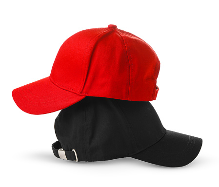 A red and black baseball cap is placed against a plain white background. The cap is positioned upright, showcasing its vibrant colors and classic design.