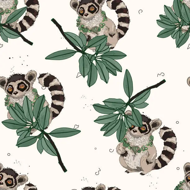Vector illustration of Pattern of cheerful lemurs. Exotic animal with a smile. Vector illustration of tropical leaves. Small seamless pattern as blanks for designers, logos, labels, postcards. Summer template for designers,