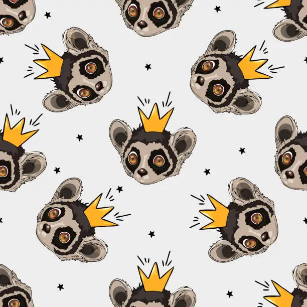 Vector illustration of Pattern of a cheerful lemur in a crown. Lemur portrait. Small seamless pattern as blanks for designers, logos, labels, postcards. Summer template for designers,