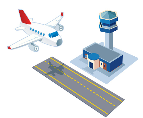Vector Airport: Terminal and control tower, airplane landing