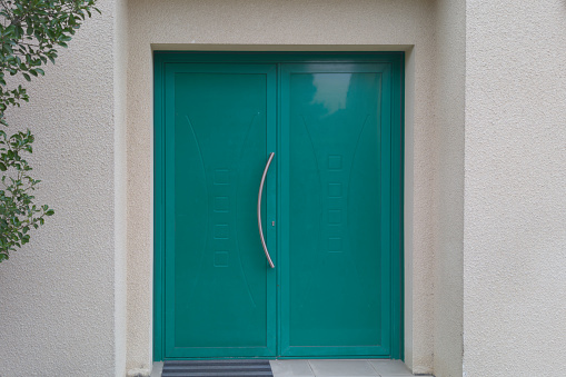 modern green home facade entrance colored front door building