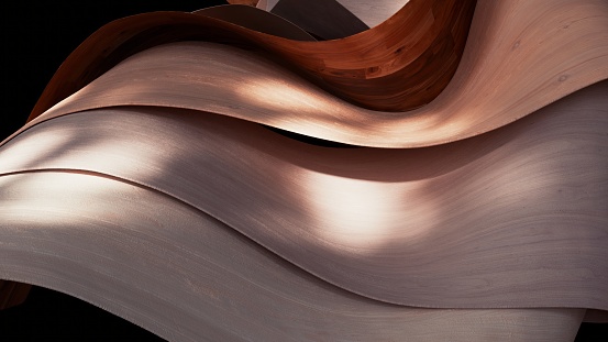 Thin layers of wood wiggle and bend, revealing their dynamic nature and flexibility