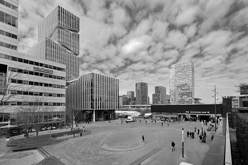 Amsterdam, The Netherlands. March 19th, 2024: Financial district in Amsterdam in black and white, Holland