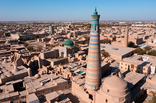 Skyline of an Iranian city center and its mosque. Jameh Mosque of Yazd and residential district in the surroundings