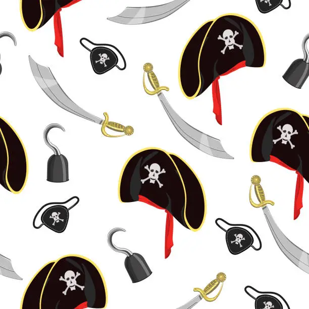 Vector illustration of Seamless pattern pirate hat, dagger, hook, eye patch with skull and crossbones on a white background. Vector pattern for children's textiles, holiday designs.