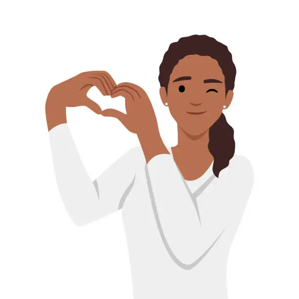 Vector illustration of Woman making heart shape with hands and wink.