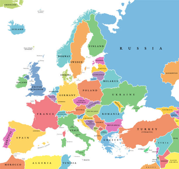 Europe with a part of the Middle East countries, political map Europe with a part of the Middle East countries, political map. Western part of continent Eurasia, located in the Northern Hemisphere. Countries with international borders and English labeling. Vector levant map stock illustrations