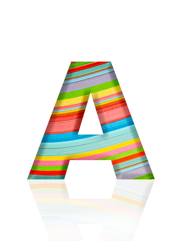 Close-up of three-dimensional multicolored paper stripes alphabet letter A on white background.