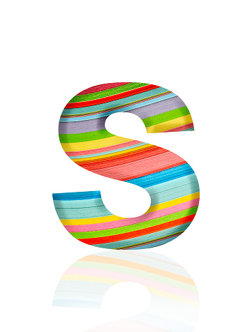 Close-up of three-dimensional multicolored paper stripes alphabet letter S on white background.