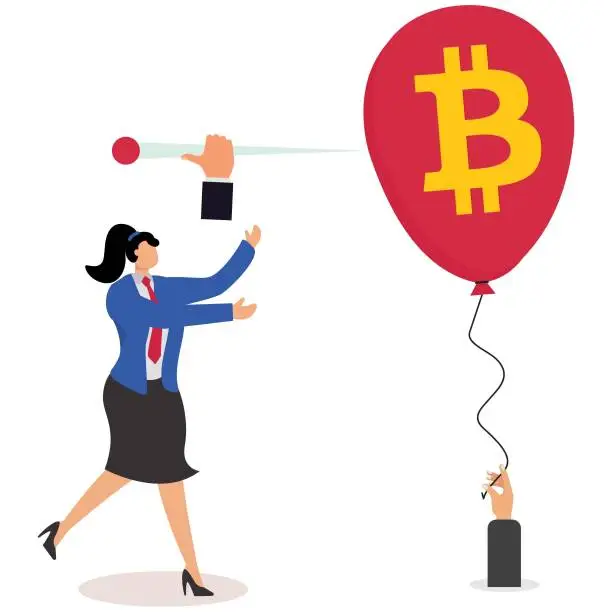 Vector illustration of Bitcoin has a big hand behind it, big hand using needle to prick burst Euro sign balloon