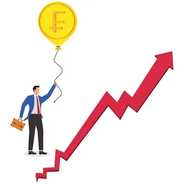 Vector illustration of A businessman desperately holds on to the money balloon flying upwards, the concept of inflation
