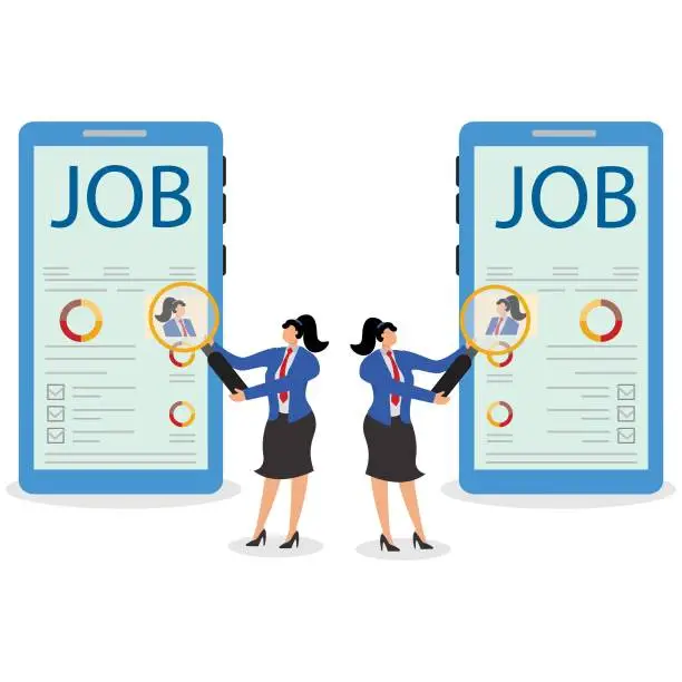 Vector illustration of Recruitment, Job Requirement Inquiry, Job Opportunities, Human Resources, etc. Distance Traders Check Job Requirements on Smartphones