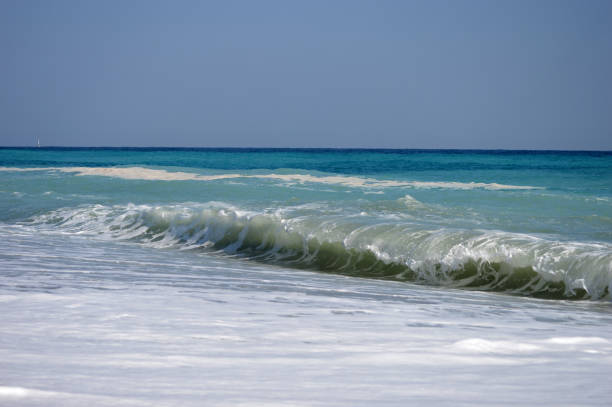 Medium waves crashing on the beach. Salvador city, Bahia state, Brazil.
